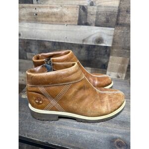 Timberland Brown Leather Side Zip Ankle Boots Lug Sole Womens Size 8